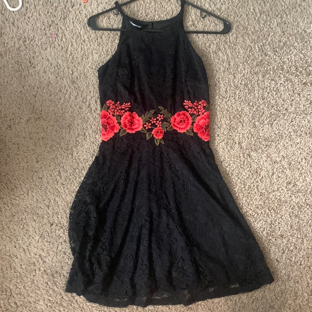 By & By black lace dress with rose appliqué, size 3